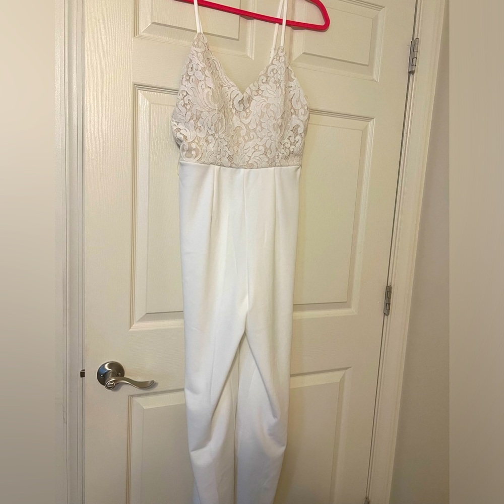 White Pant suit with lace detailing.